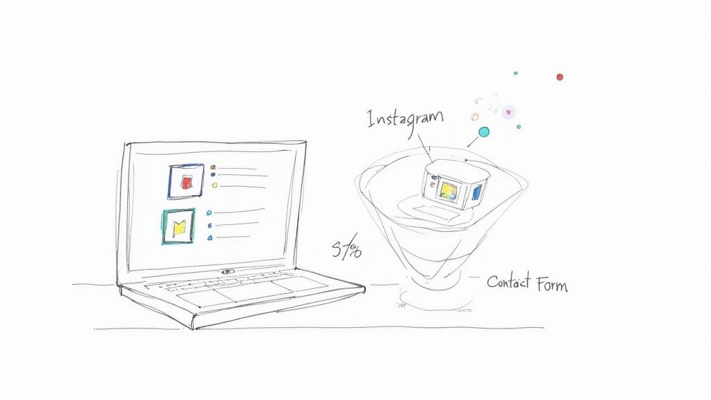 Boceto que ilustra un embudo de generación de leads desde Instagram hasta un formulario de contacto y una laptop.