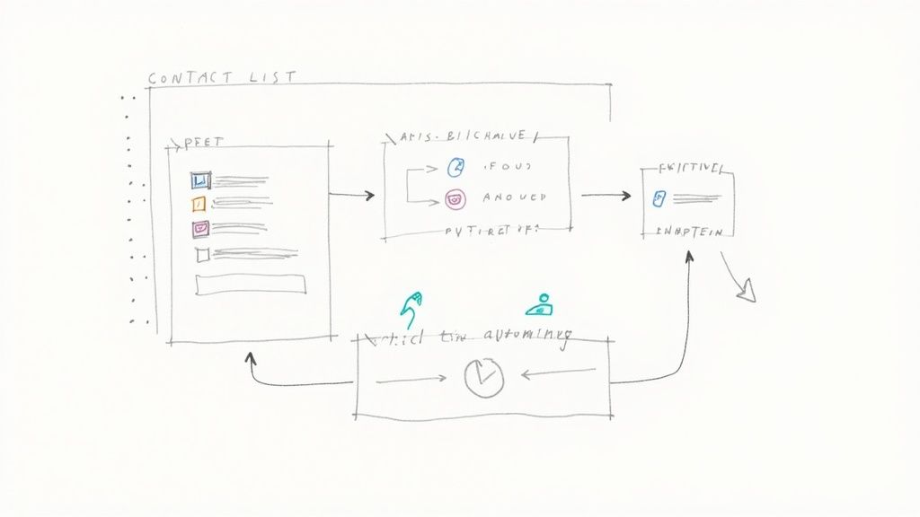 Un diagrama de flujo dibujado a mano que ilustra un sistema de gestión de lista de contactos con pasos de procesamiento, automatización y salida.