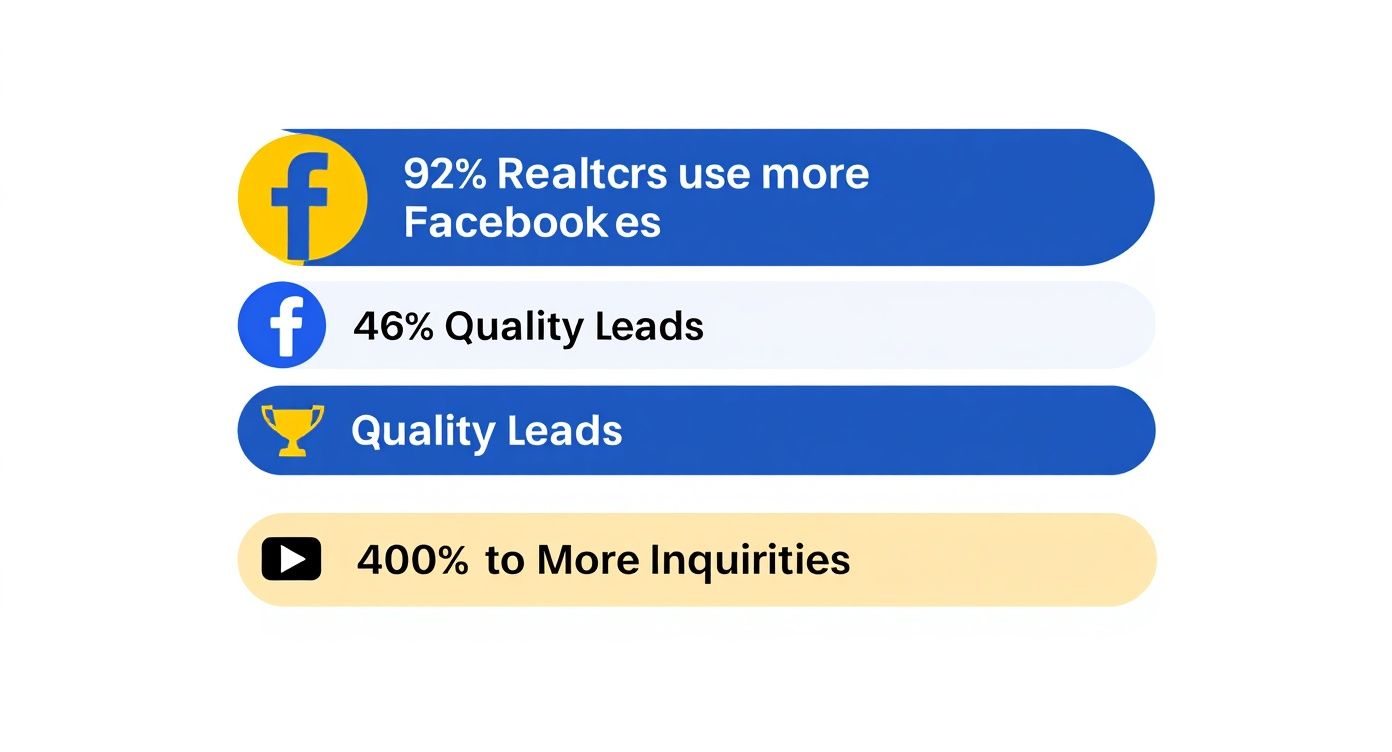 Una infografía que muestra estadísticas de marketing inmobiliario con íconos de Facebook y un trofeo, destacando la generación de clientes potenciales.