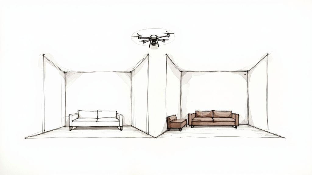 Un boceto de un dron observando dos habitaciones, una con un sofá blanco y la otra con muebles marrones.