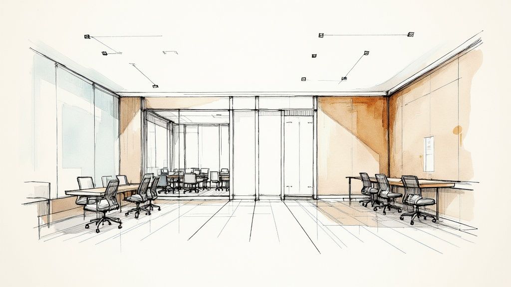 Boceto arquitectónico de interior de oficina moderna mostrando un espacio de trabajo abierto con escritorios, sillas y particiones de vidrio