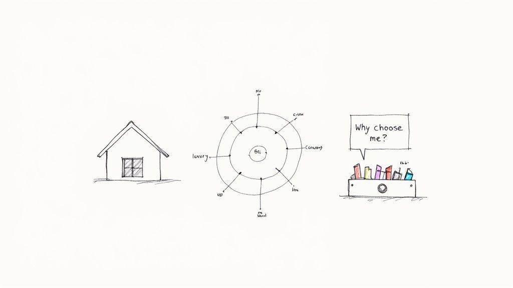 Bocetos dibujados a mano que ilustran una casa, un diagrama circular de estrategia empresarial y una pregunta '¿Por qué elegirme?'.