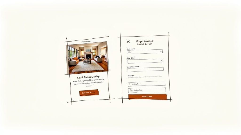 Wireframes dibujados a mano que muestran una página de anuncio inmobiliario y un formulario de entrada de información.
