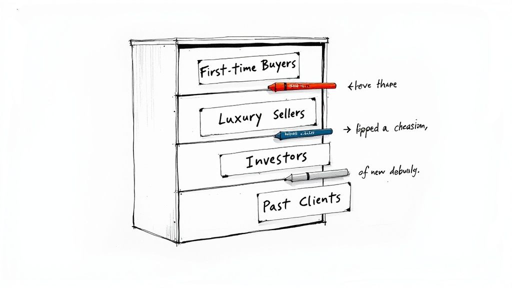 Un gabinete dibujado a mano con cajones etiquetados como 'Compradores Primerizos', 'Vendedores de Lujo', 'Inversores' y 'Clientes Anteriores', simbolizando la segmentación de clientes.