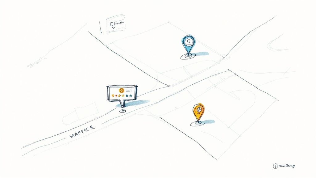 Isometric map illustration showing location pins and customer review ratings for local business marketing