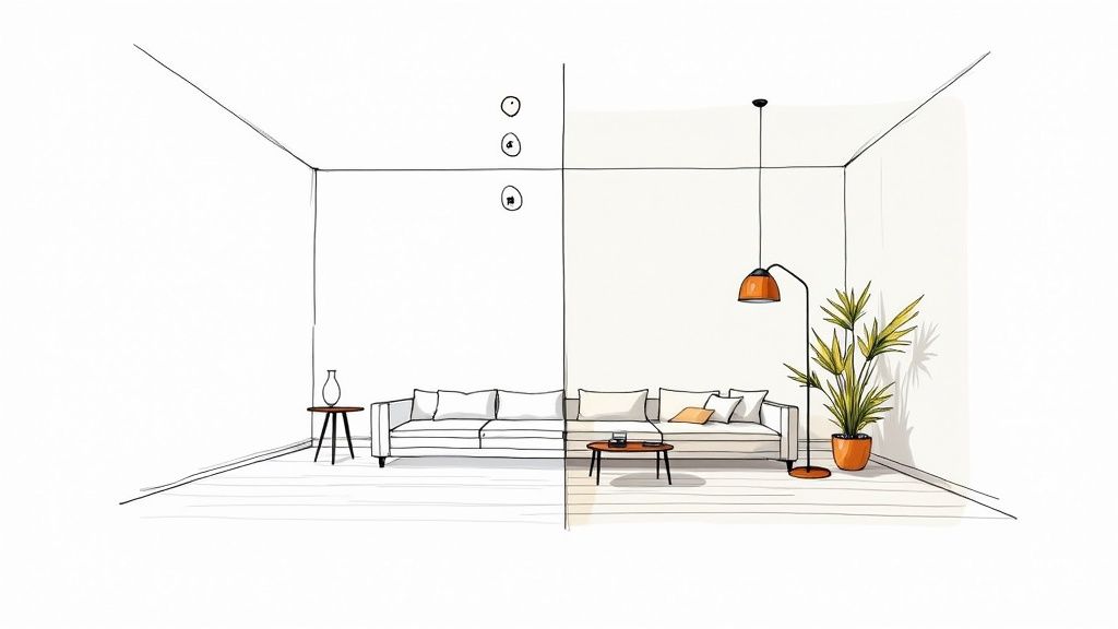 Una sala de estar moderna virtualmente decorada usando IA