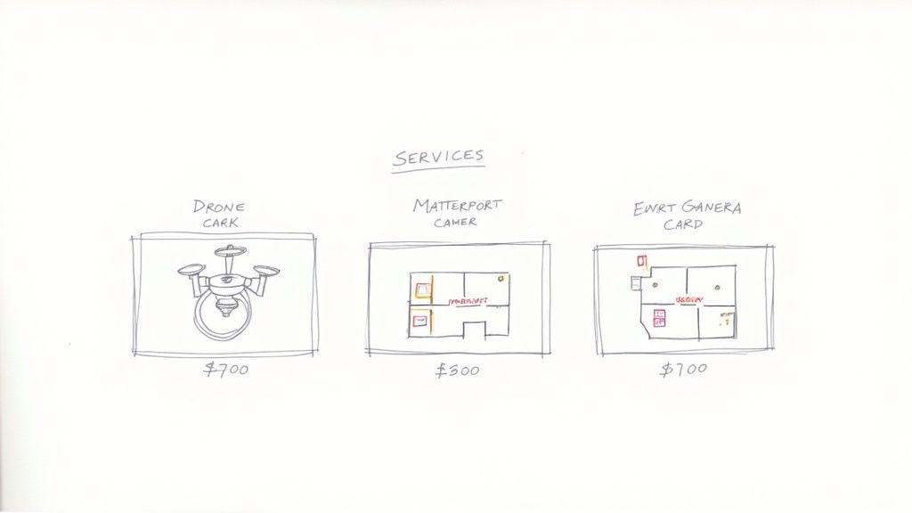 Un infográfico dibujado a mano que muestra tres servicios de fotografía inmobiliaria: dron, cámara Matterport y generación de planos, cada uno con un precio.