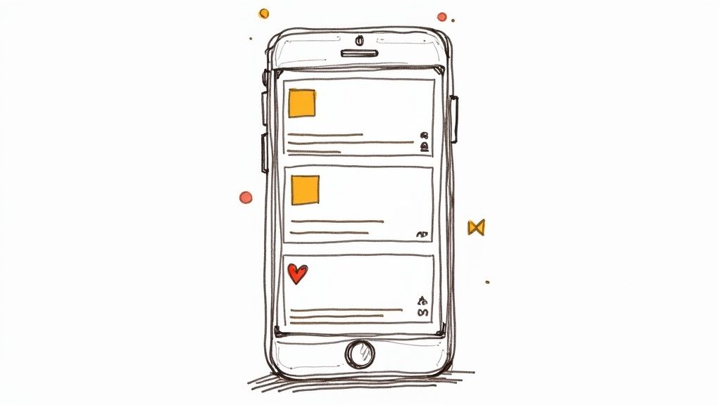 Smartphone che visualizza il feed dei social media con post contenenti immagini e illustrazione dell'icona del cuore