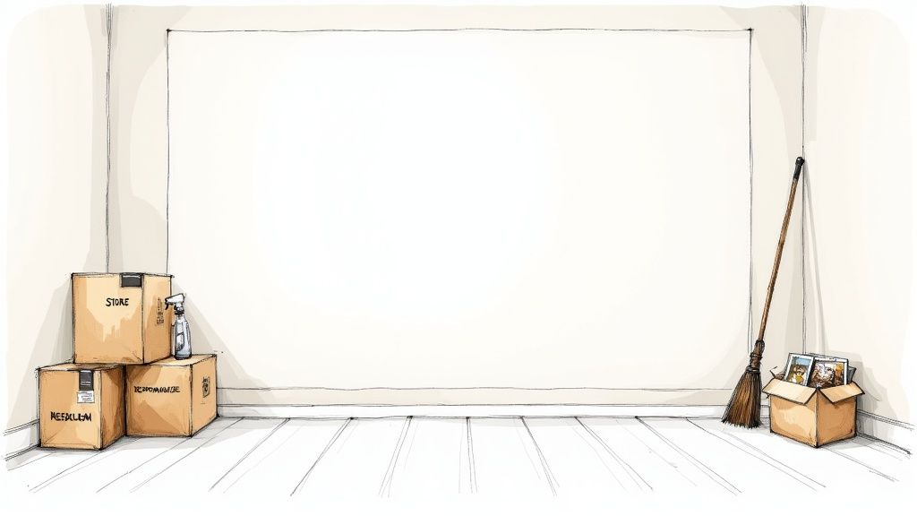 Ein sauberer, neutral gestrichener Raum mit minimalen Möbeln, bereit für das Home Staging.