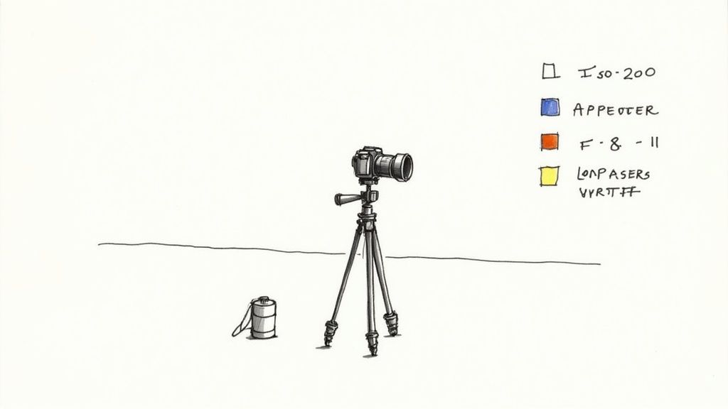 Un primer plano de una cámara profesional montada en un trípode, lista para una sesión de fotografía inmobiliaria al atardecer, con una casa bellamente iluminada en el fondo.