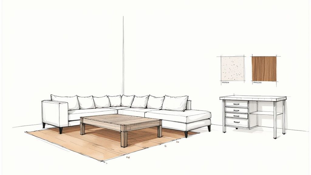 Una sala de estar virtualmente decorada con muebles modernos y decoración, creada a partir de un modelo 3D