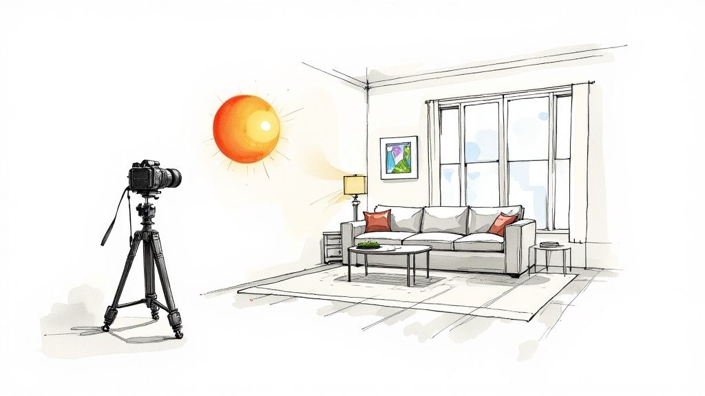 Ein hochwertiges Foto eines inszenierten Wohnzimmers, aus einem perfekten Winkel mit hellem, natürlichem Licht aufgenommen.