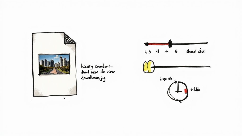 Real estate marketing diagram showing luxury condo image file with data size and compression annotations