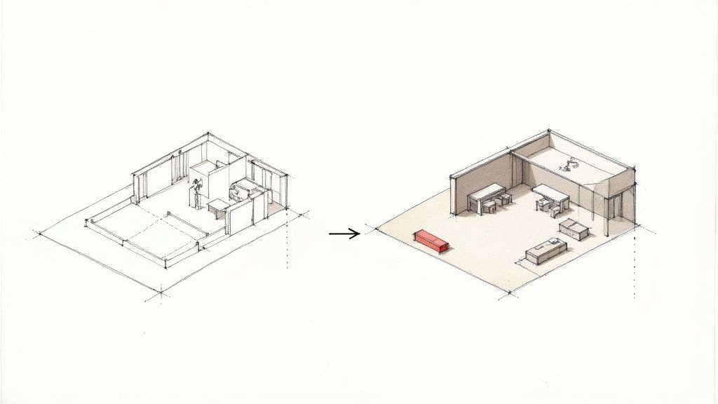 Planta 3D de um espaço de escritório comercial, virtualmente decorado com móveis modernos