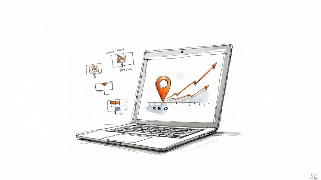 Ilustración de un portátil mostrando un pin de ubicación y un gráfico de tendencia ascendente para la optimización SEO.