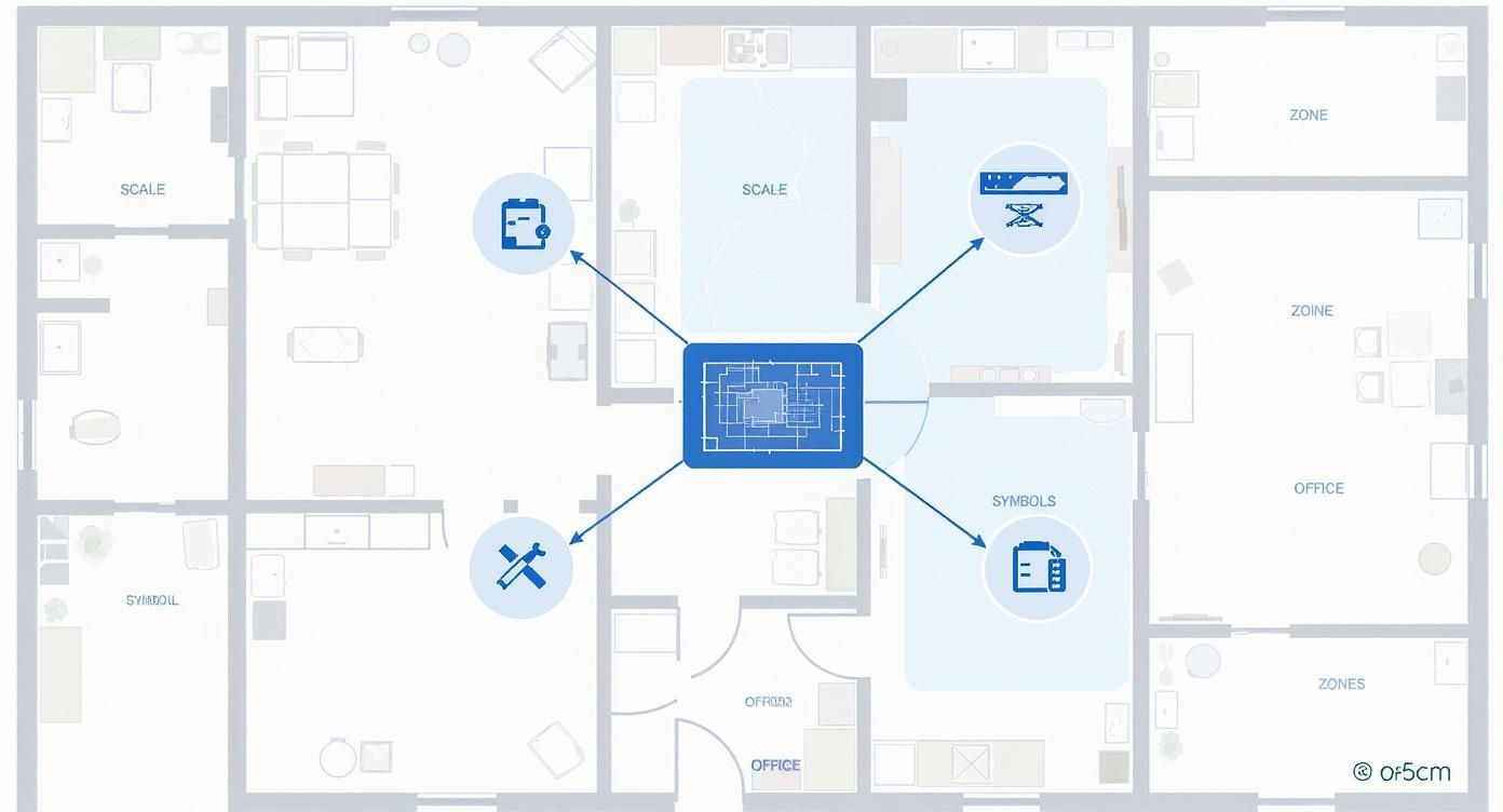 Infografía sobre el plano de un edificio comercial