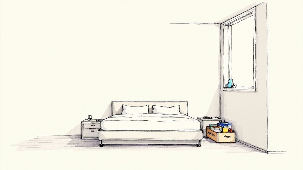 Un dormitorio cuidadosamente decorado con colores neutros y decoración mínima.