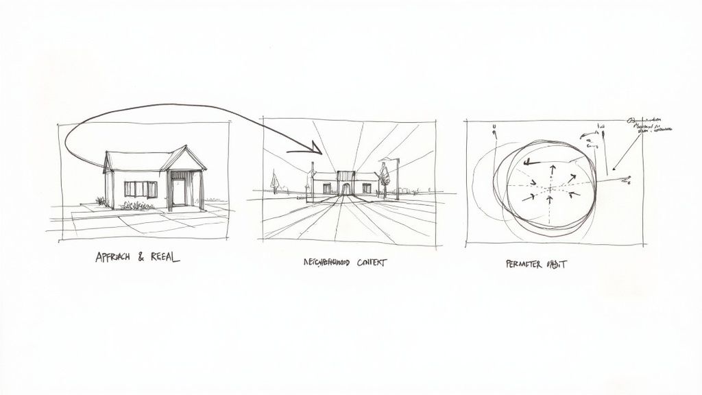Un drone che vola sopra una casa suburbana con un prato ben curato e alberi.