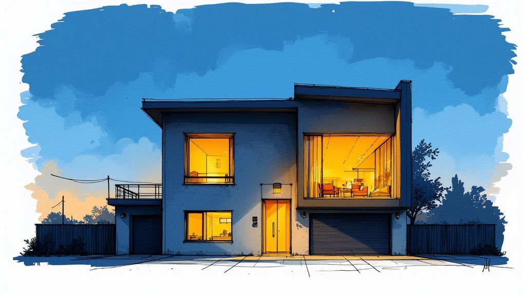 Una hermosa casa iluminada al atardecer con luces interiores cálidas brillando contra un cielo azul profundo de la tarde, mostrando el atractivo de la fotografía inmobiliaria al atardecer.