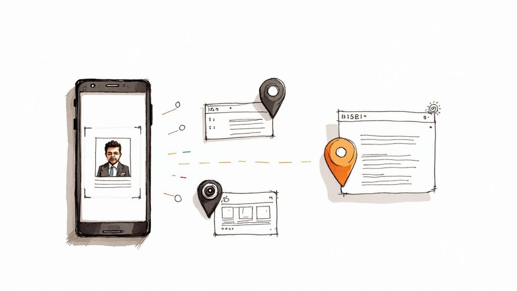 Retrato profesional en un teléfono inteligente enlazando a varios perfiles web y una plataforma en línea principal.