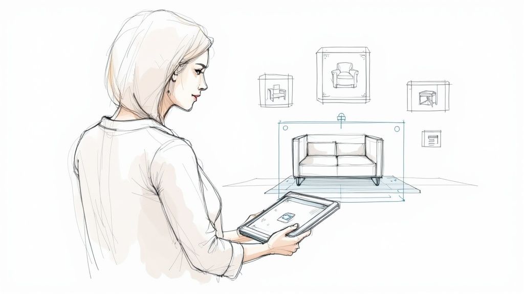 Un panel de control inmobiliario futurista que muestra visualizaciones de propiedades impulsadas por IA