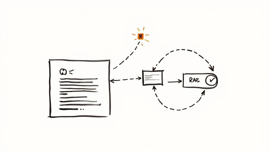 Un diagrama dibujado a mano que ilustra un flujo de trabajo con un documento, un paso de procesamiento y un sistema 'RAB', guiado por un componente 'R'.
