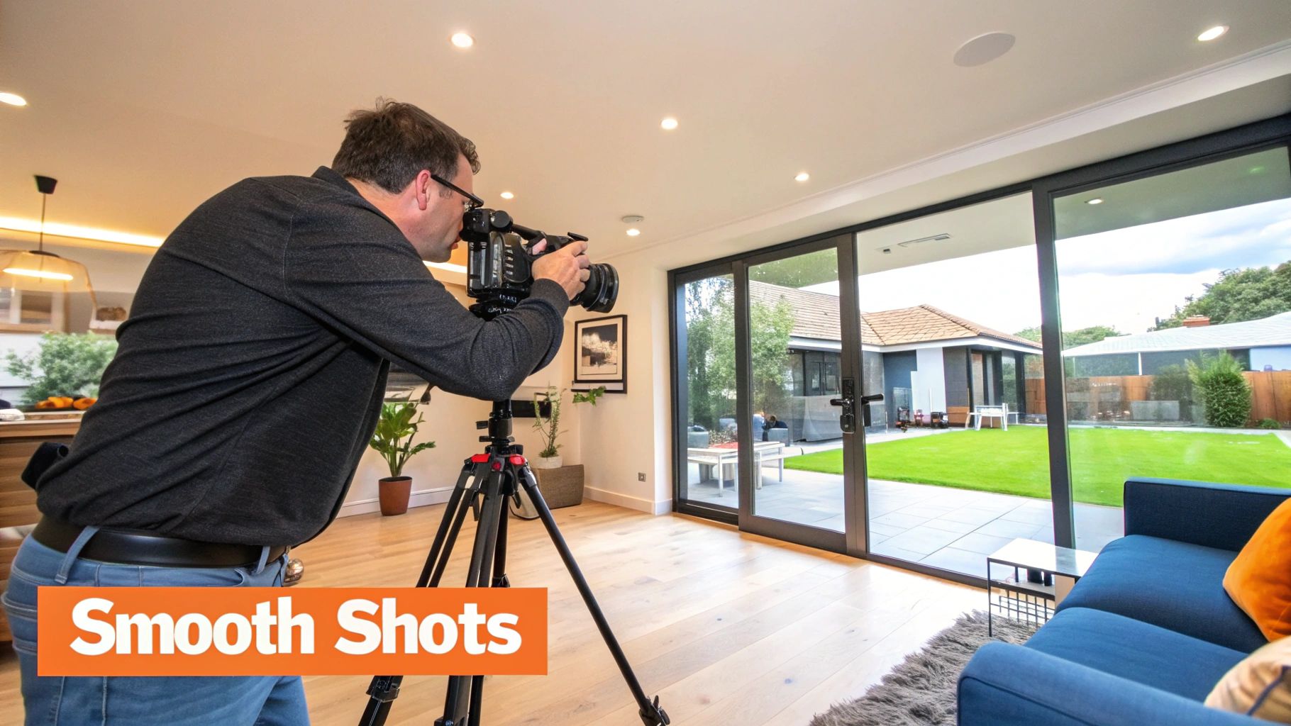 Persona filmando el interior de una casa con una cámara profesional en un gimbal