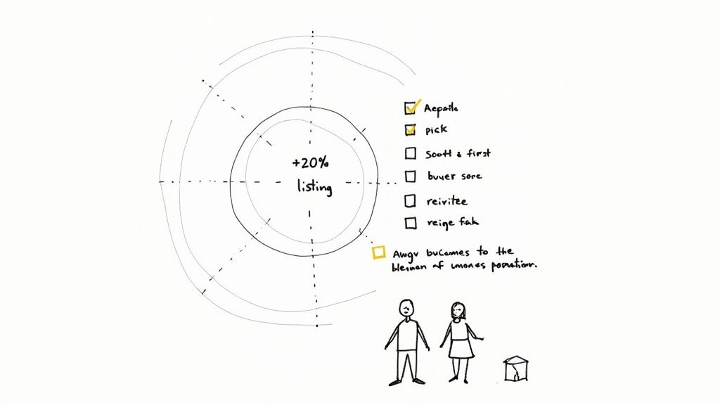 Boceto a mano alzada que ilustra una estrategia de marketing inmobiliario con objetivos de anuncios y lista de verificación.