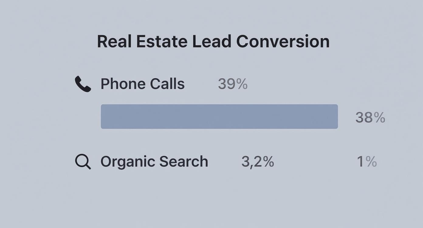 Un panel que muestra métricas de conversión de leads inmobiliarios para canales de llamadas telefónicas y búsqueda orgánica.