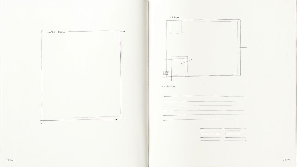 Schizzo del piano architettonico disegnato a mano che mostra la disposizione delle stanze e le misurazioni della proprietà per il settore immobiliare