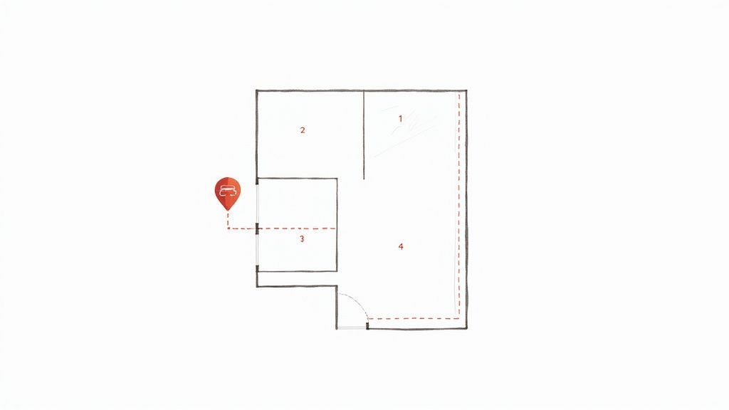 Piantina che mostra quattro stanze numerate con icona del segnaposto del parcheggio sul lato sinistro