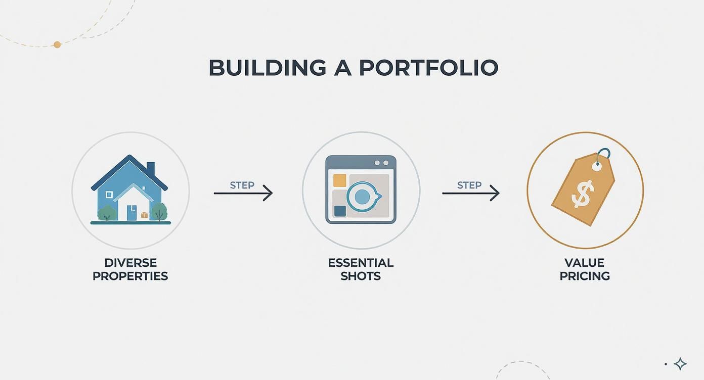Infografía que muestra tres pasos para construir un portafolio de fotografía inmobiliaria: propiedades diversas, tomas esenciales y precios de valor.