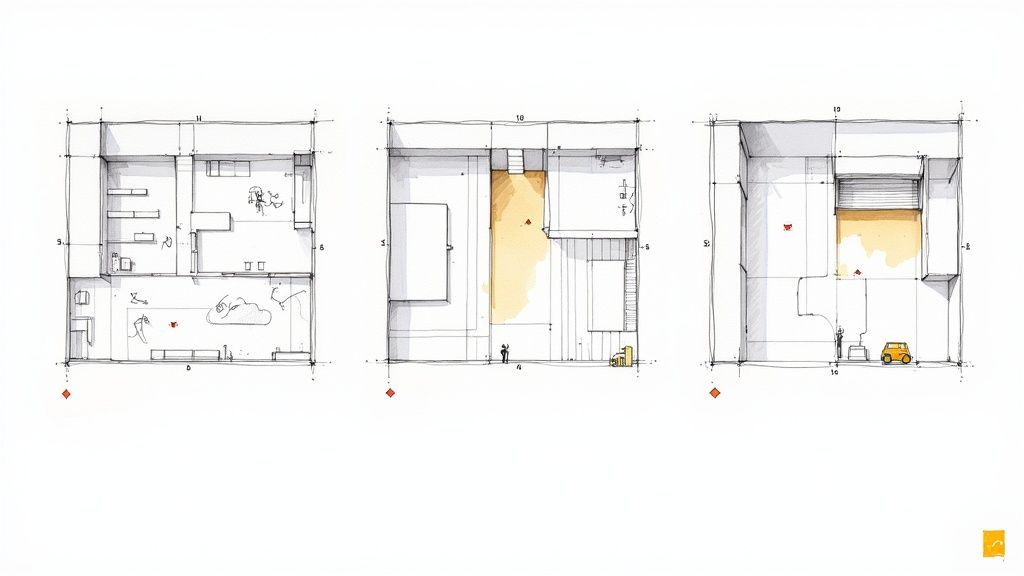Tres diferentes planos comerciales para una oficina, tienda minorista y almacén