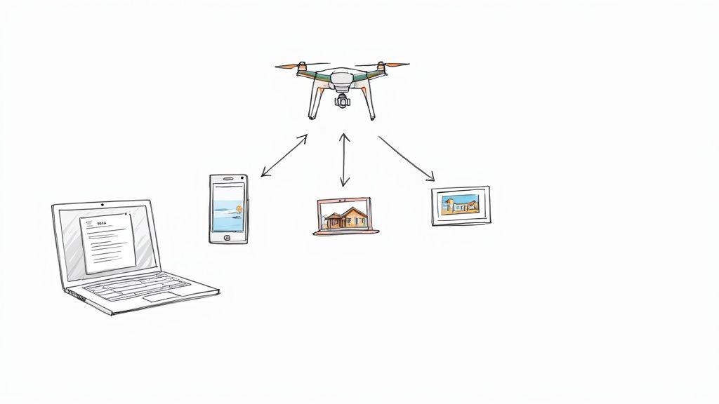A real estate agent showing a tablet with aerial photos of a property to a prospective buyer, highlighting the property's features.