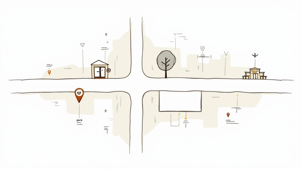 Ilustración de un mapa dibujado a mano de una manzana de la ciudad con caminos que se cruzan, edificios, árboles y pines de ubicación.