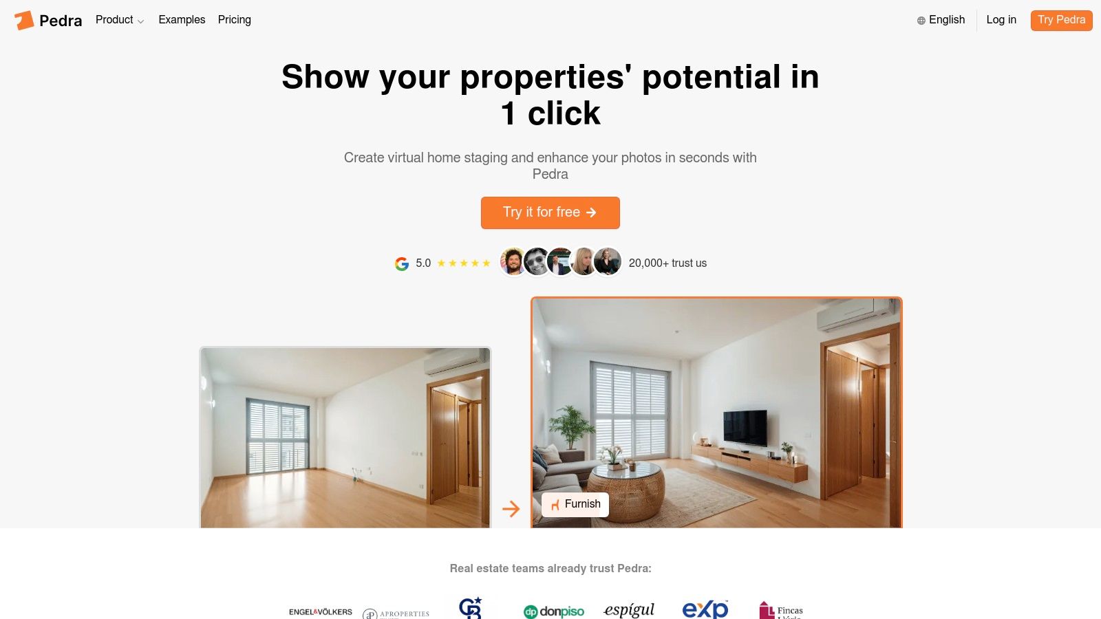 Pedra Interface showing AI-powered virtual staging and photo enhancement tools