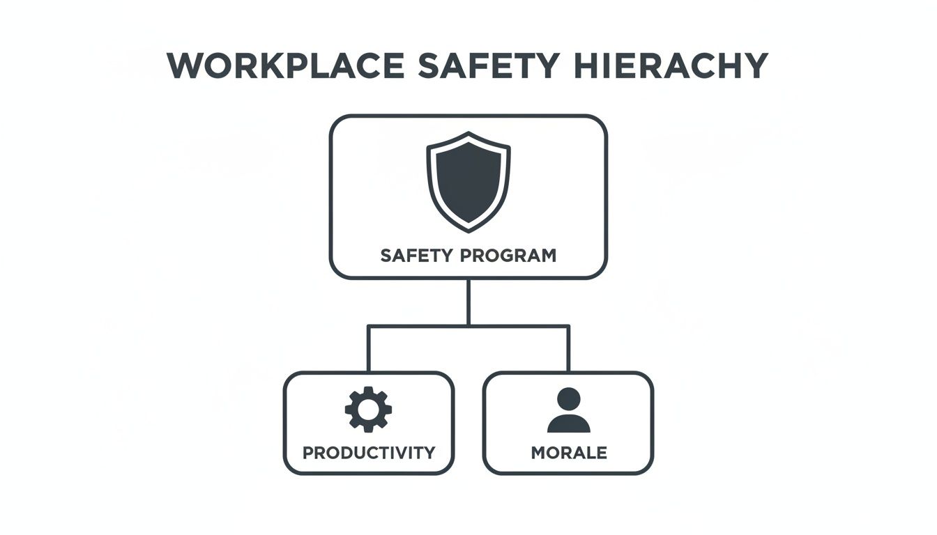 Hierarchy diagram illustrating a workplace safety program leading to improved productivity and morale.