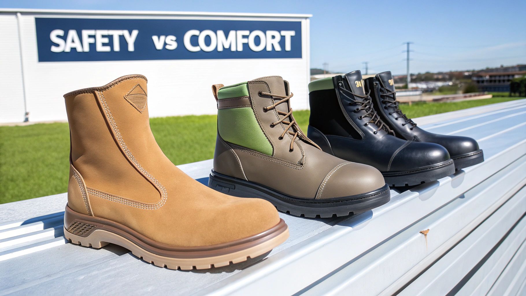Three pairs of work boots (tan, green, black) on a metal surface with a 'SAFETY vs COMFORT' sign.