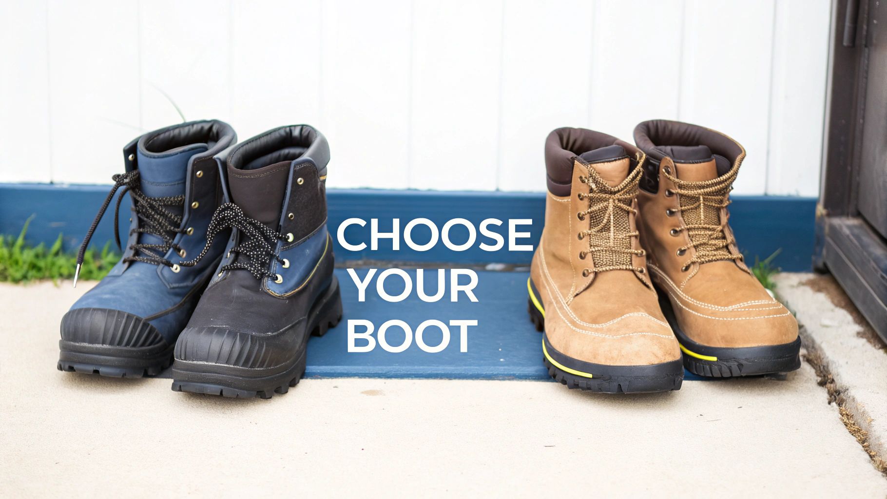 Two pairs of different work boots, blue and tan, displayed with 'CHOOSE YOUR BOOT' text.