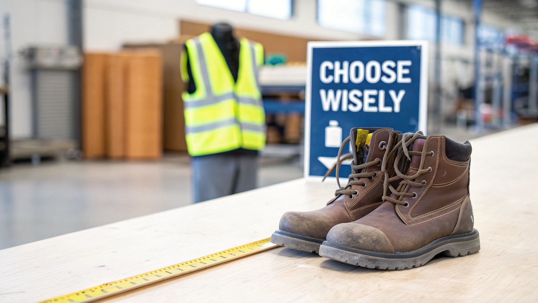 Brown steel toe work boots, measuring tape, and safety sign on a table in a warehouse.
