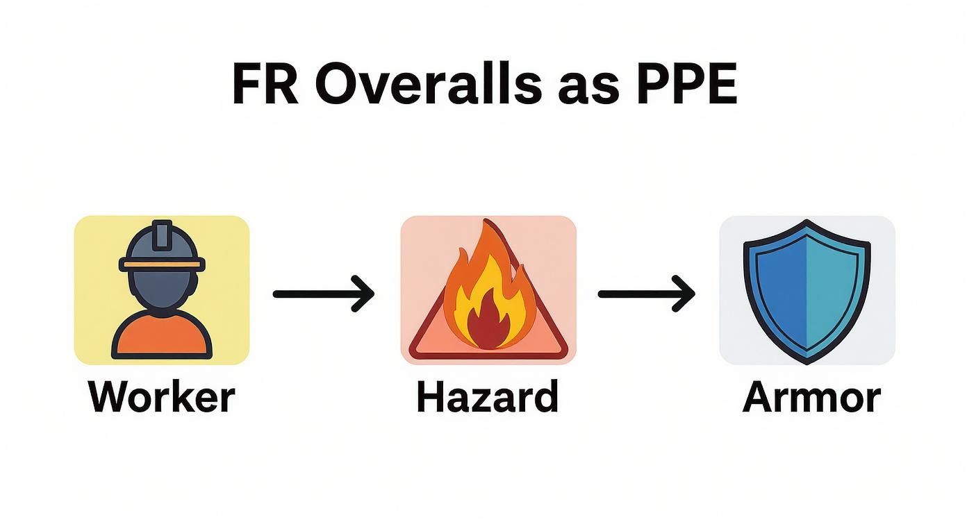 Diagram shows worker, fire hazard, and shield, illustrating FR overalls as PPE protection.