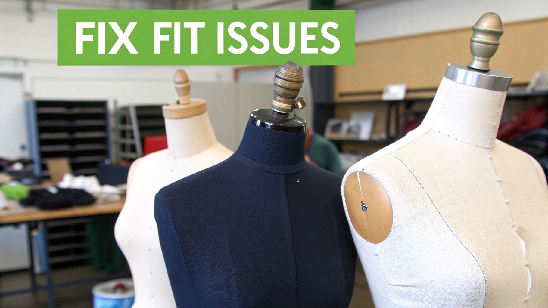 Three professional dress forms in a studio setting, with a green banner saying 'FIX FIT ISSUES'.