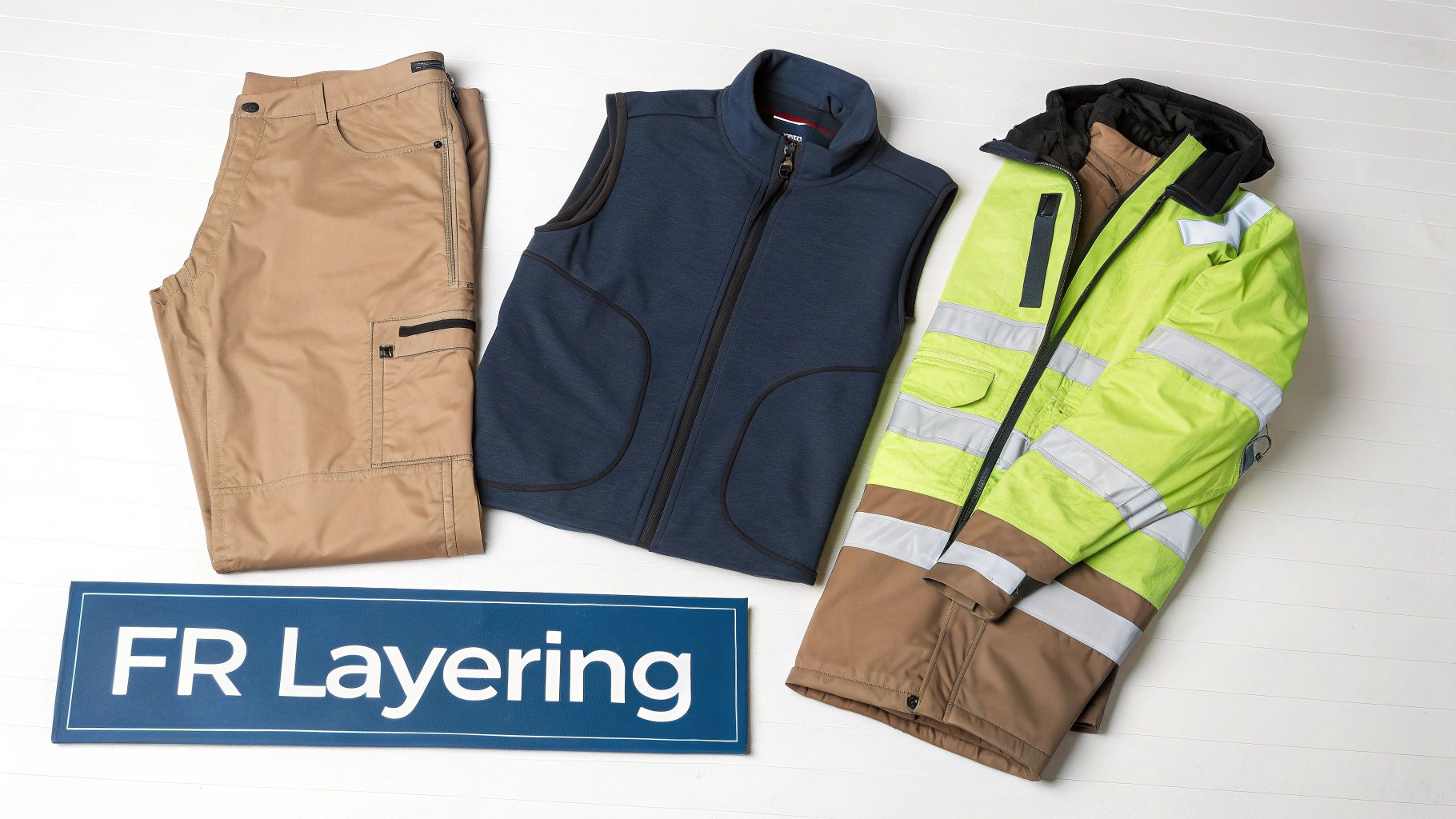 FR layering workwear including tan pants, a blue vest, and a high-visibility jacket on white.