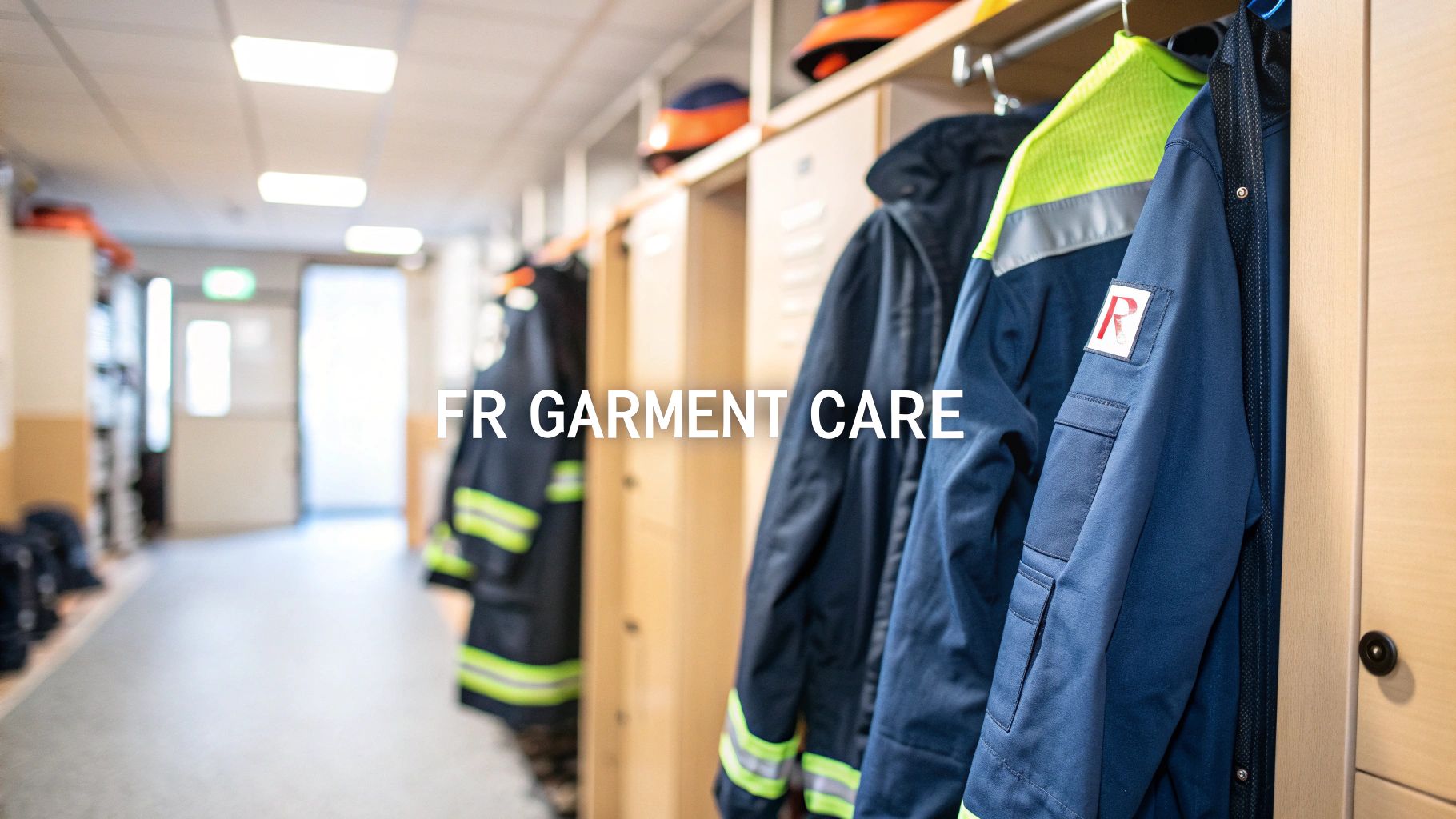 FR garments, including reflective workwear, hanging in wooden lockers with 'FR GARMENT CARE' text.