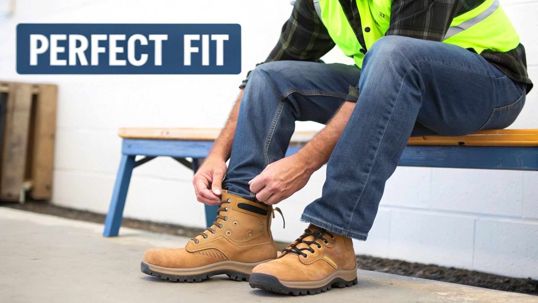 Man sitting on a bench, adjusting his brown work boots, emphasizing a perfect fit.