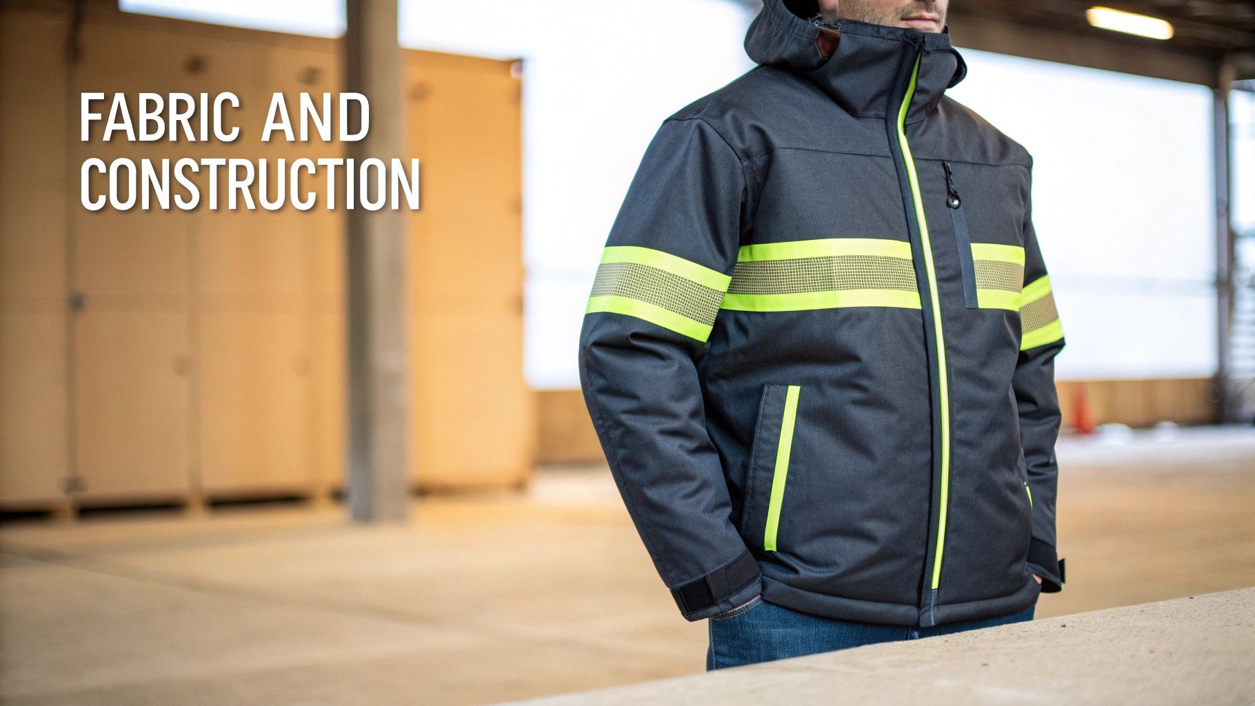 Person wearing a dark flame-resistant jacket with neon yellow reflective stripes, showcasing its fabric and construction.