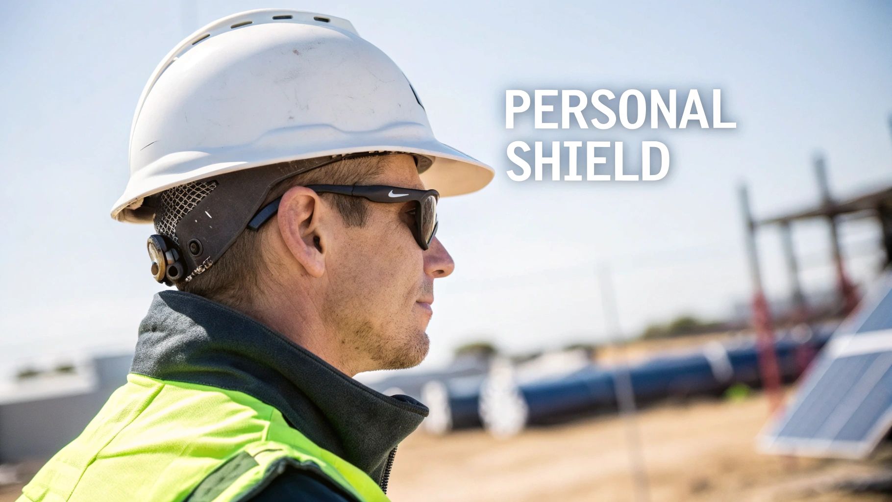 A worker in a white full-brim hard hat and safety vest, representing personal shield equipment.