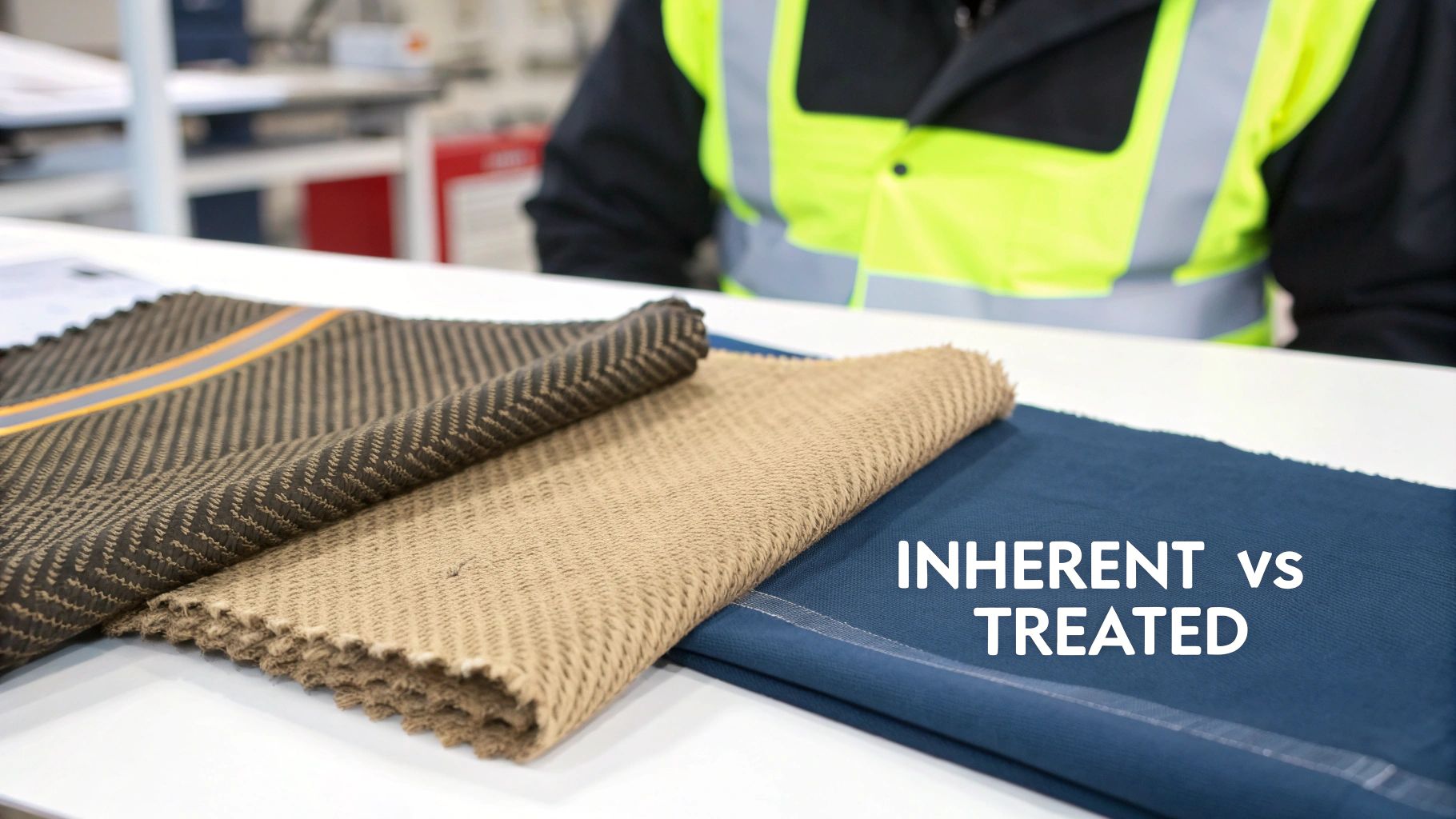 Various fabric swatches, some with reflective stripes, demonstrating inherent versus treated flame resistance, with a worker in the background.