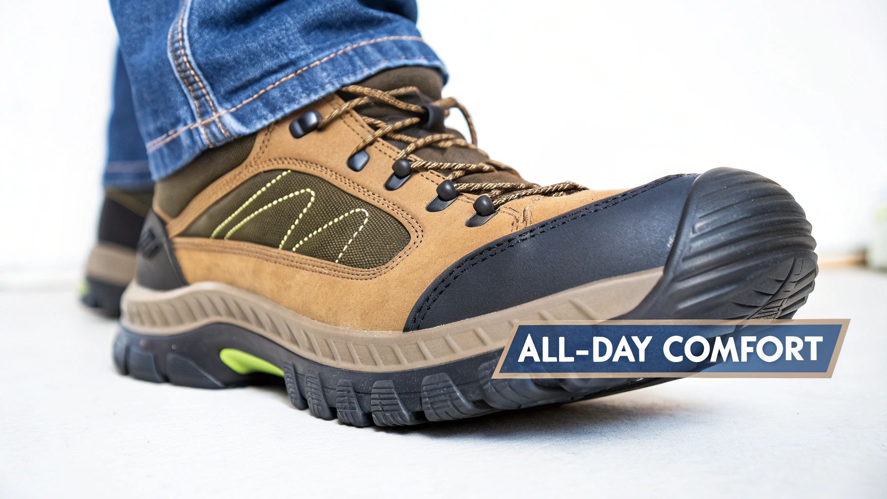 Close-up of a person wearing comfortable brown and green work boots with blue jeans, emphasizing all-day comfort.