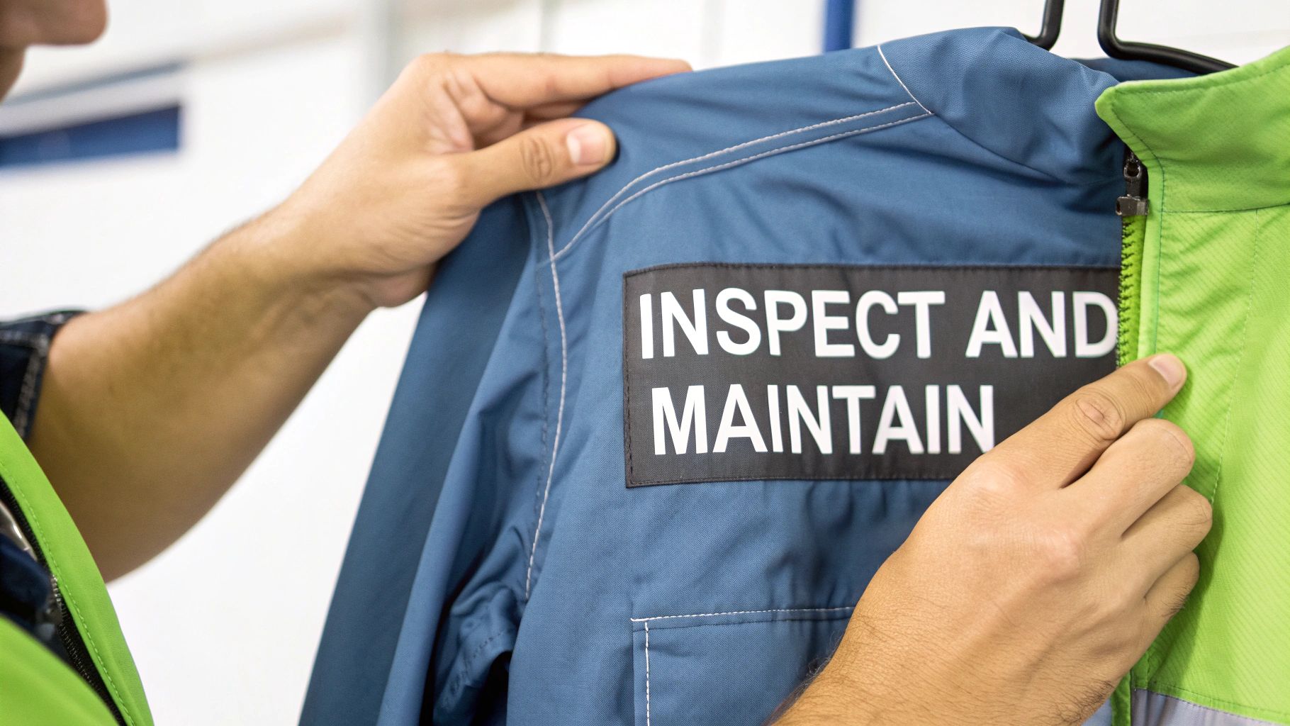 Hands inspect blue and green coveralls with 'Inspect and Maintain' patch, representing safety and maintenance.